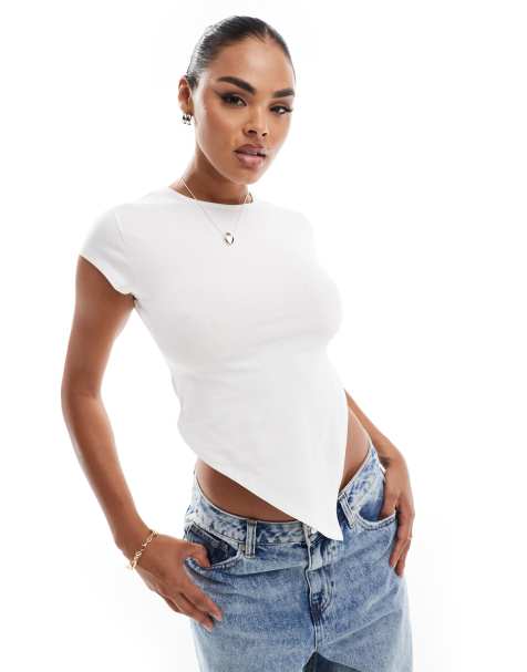 ASOS DESIGN baby tee with asymmetric hem in ivory - view 1