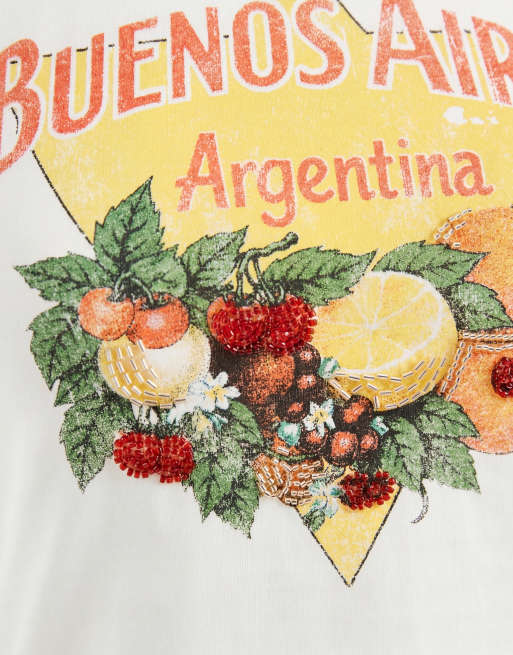 ASOS DESIGN baby tee with beaded Buenos Aires fruit graphic in white, 7 of 7
