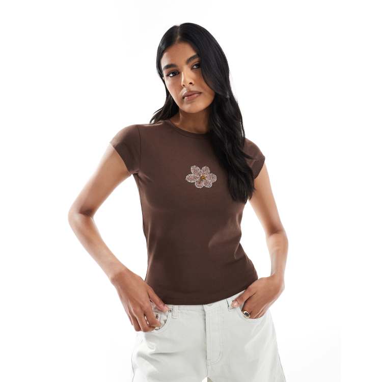 ASOS DESIGN baby tee with beaded floral graphic in brown | ASOS