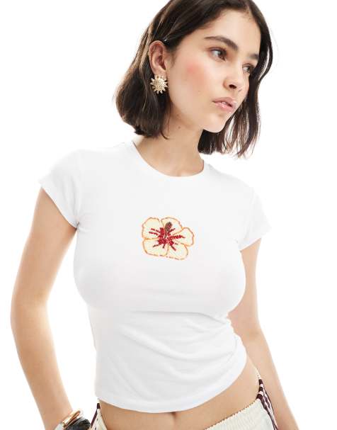 ASOS DESIGN baby tee with beaded hibiscous graphic in ivory - view 1