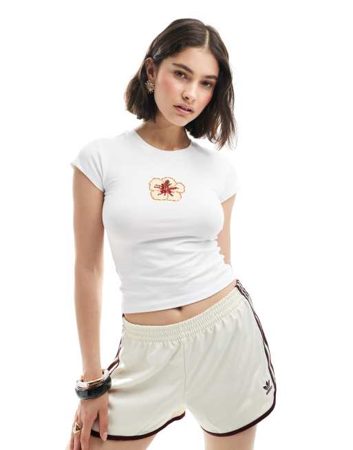 ASOS DESIGN baby tee with beaded hibiscus graphic in ivory