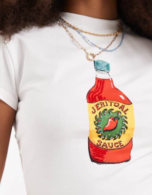 ASOS DESIGN Baby tee with beaded hot sauce graphic in white, 3 of 4