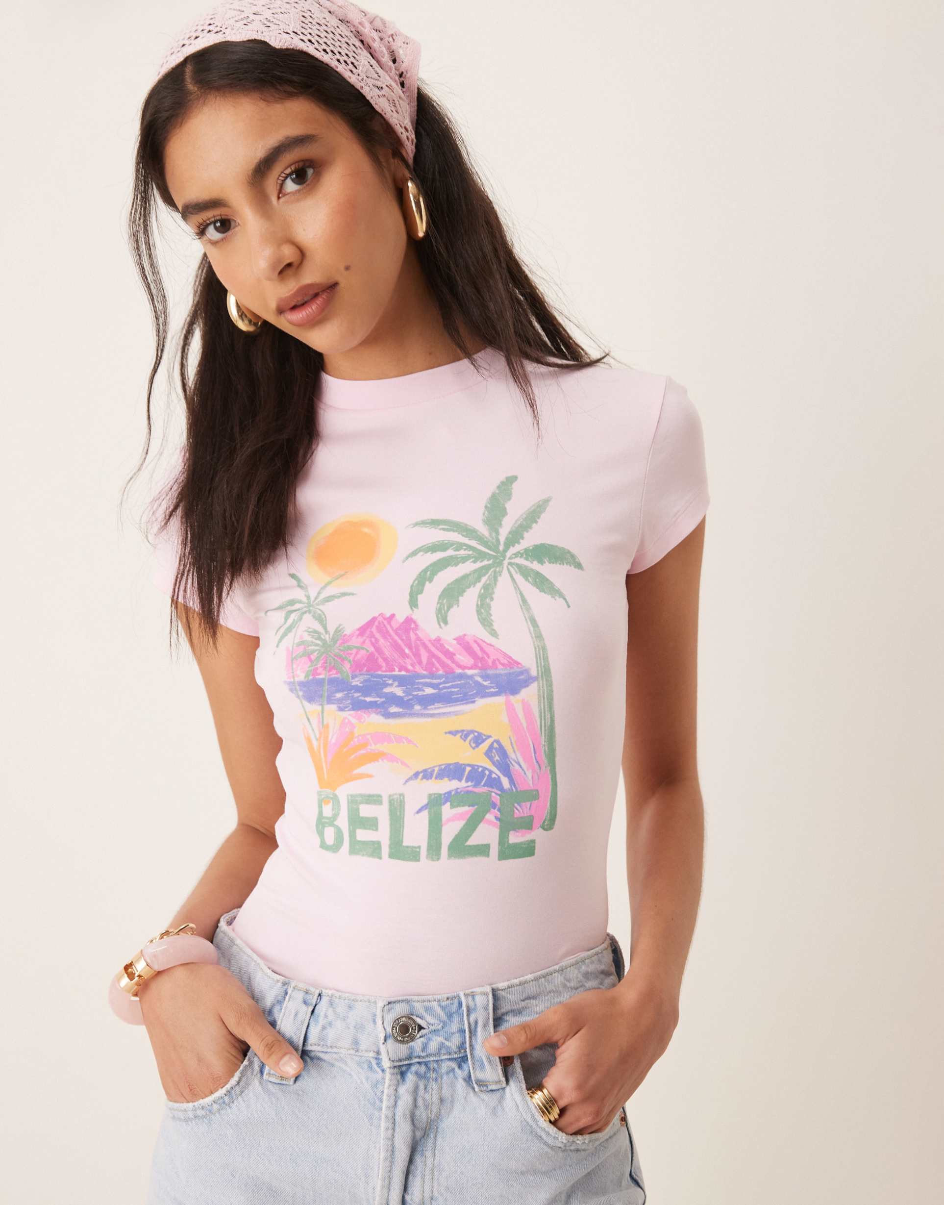asos design baby tee with belize graphic in pink