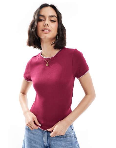 ASOS DESIGN baby tee with blanket stitch detail in burgundy - view 1