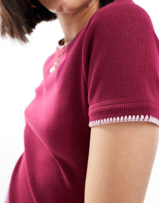 Asos Design Baby Tee With Blanket Stitch Details In Red