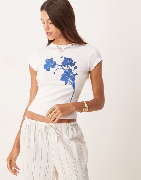 ASOS DESIGN baby tee with blue floral graphic in white - view 1