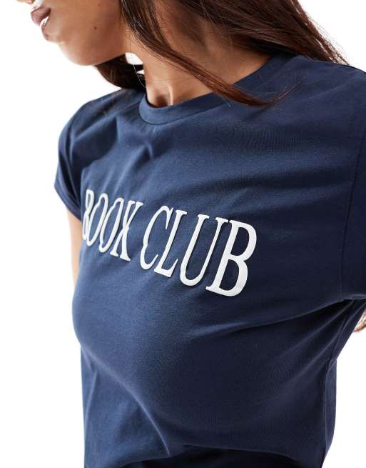ASOS DESIGN baby tee with book club graphic in navy, 4 of 4
