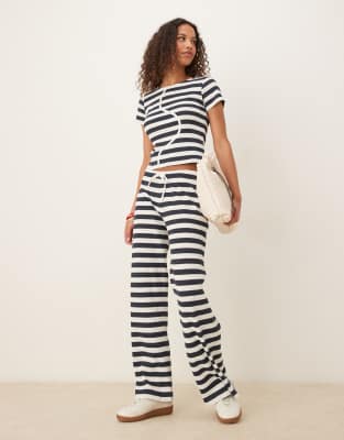 ASOS DESIGN baby tee with button detail and trouser co-ord in navi & white stripe - view 1