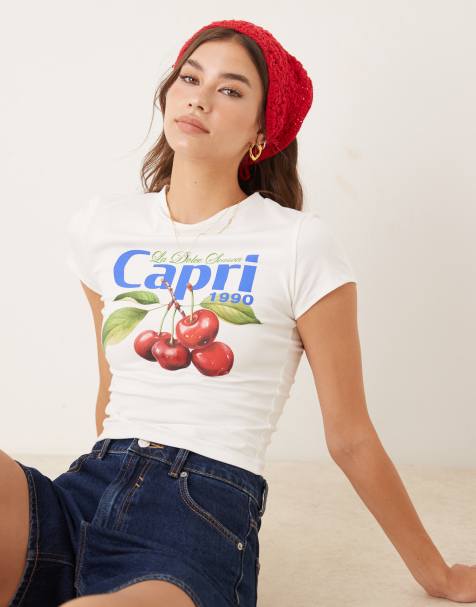 ASOS DESIGN baby tee with capri cherry graphic in white - view 1