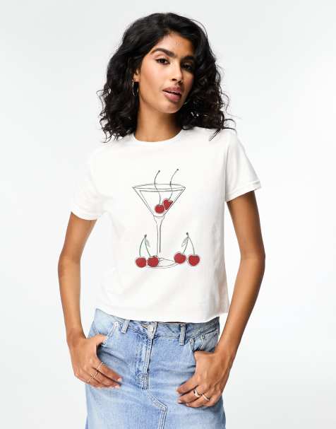 ASOS DESIGN baby tee with cherries and martini drink graphic in white - view 1