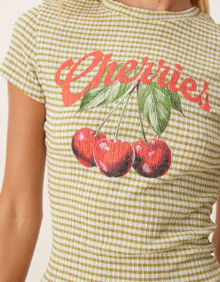 Asos Design Baby Tee With Cherry Graphic In Green