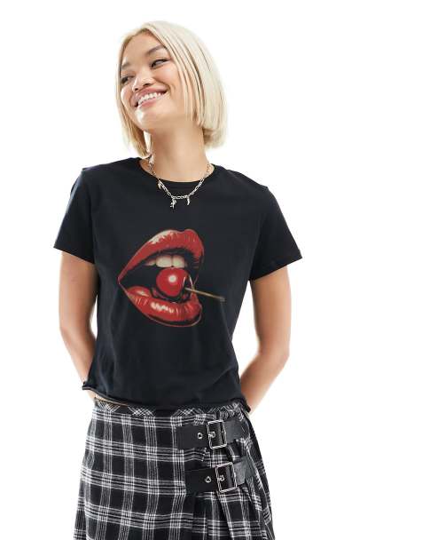 ASOS DESIGN baby tee with cherry lips graphic in black - view 1