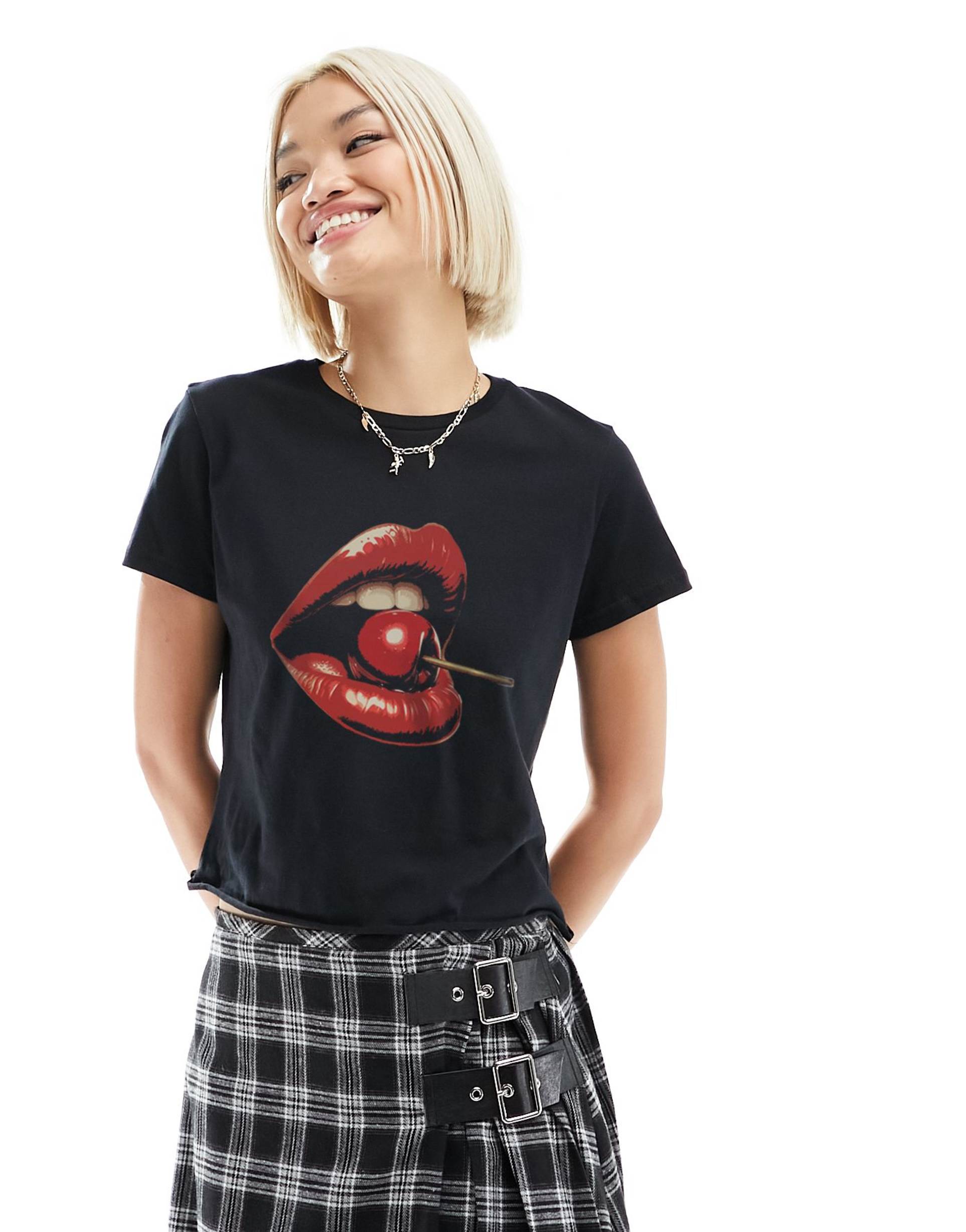 asos design baby tee with cherry lips graphic in black