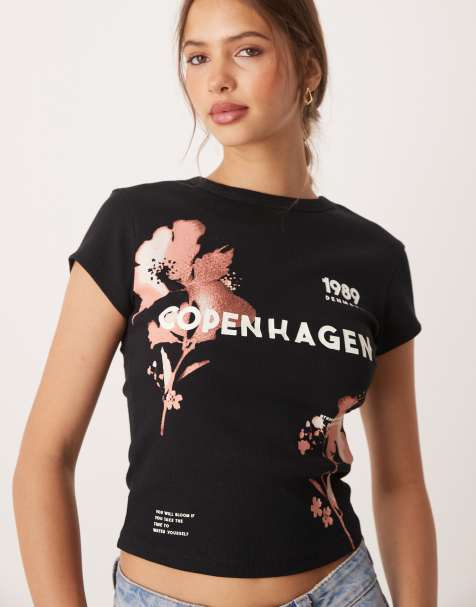 ASOS DESIGN baby tee with copenhagen bleach flower graphic in black - view 1