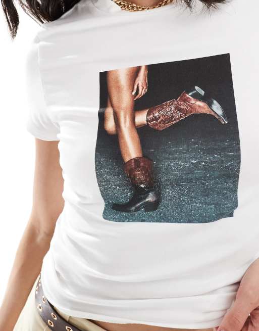 ASOS DESIGN baby tee with cowboy boots and legs photographic in white, 2 of 4