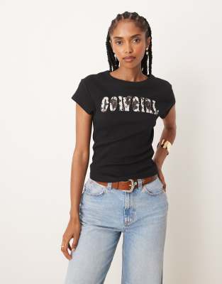 Asos Design Baby Tee With Cowgirl Graphic In Black