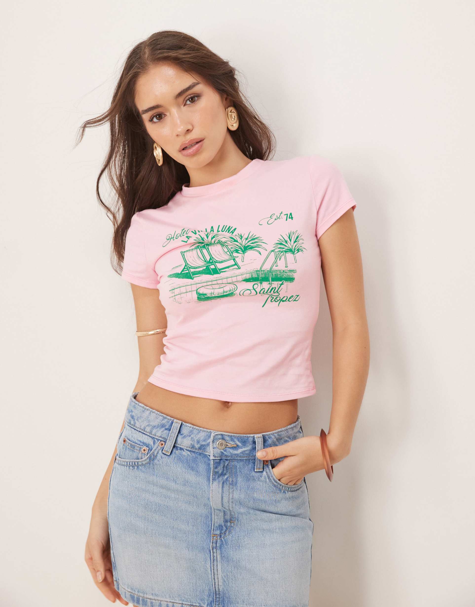 asos design baby tee with deckchair graphic in pink