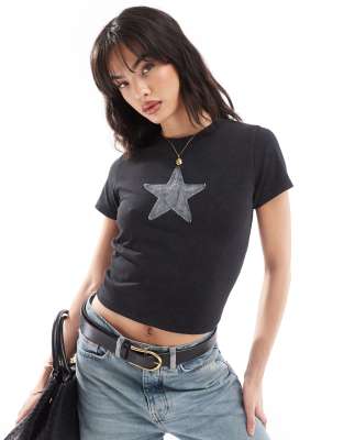 Asos Design Baby Tee With Denim Applique Star Graphic In Washed Black