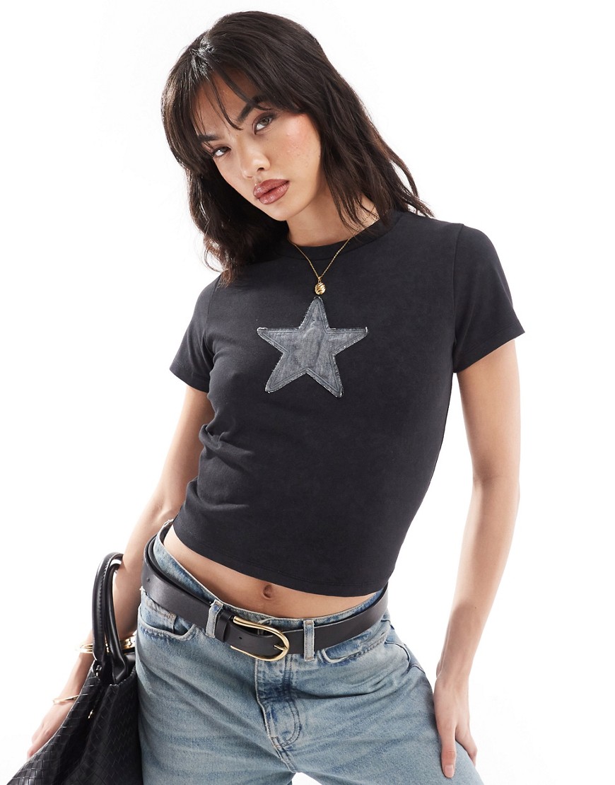 ASOS DESIGN baby tee with denim applique star graphic in washed black