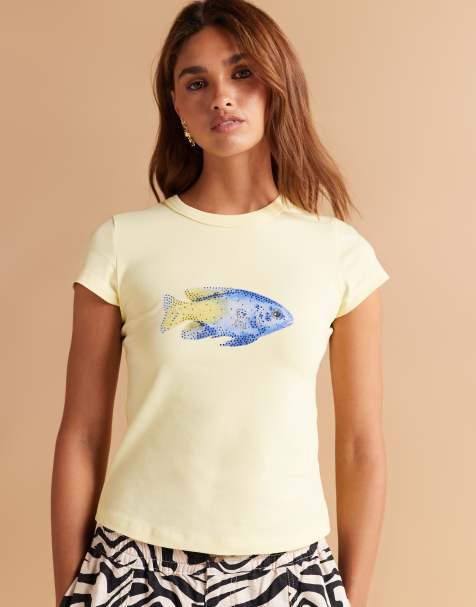 ASOS DESIGN baby tee with embellished fish in lemon yellow - view 1