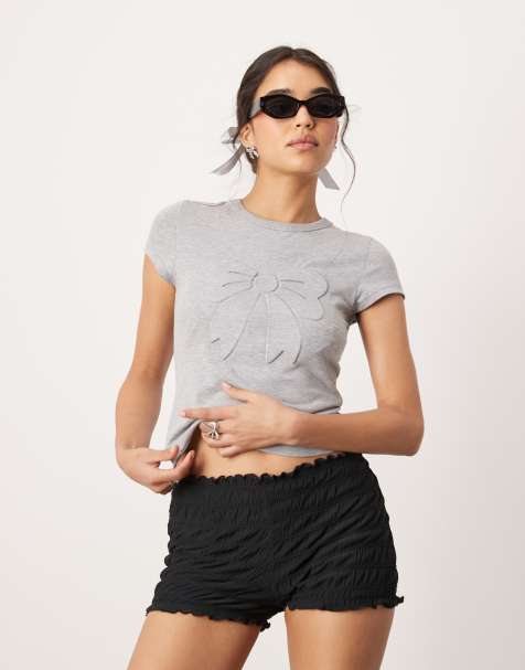 ASOS DESIGN baby tee with embossed bow graphic in grey marl - view 1