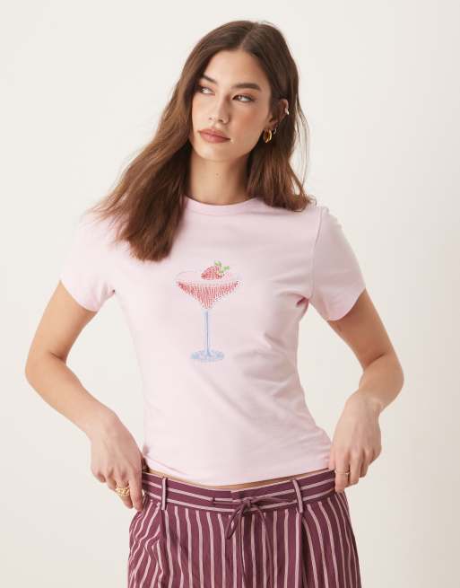 ASOS DESIGN baby tee with embroidered cocktail in pink