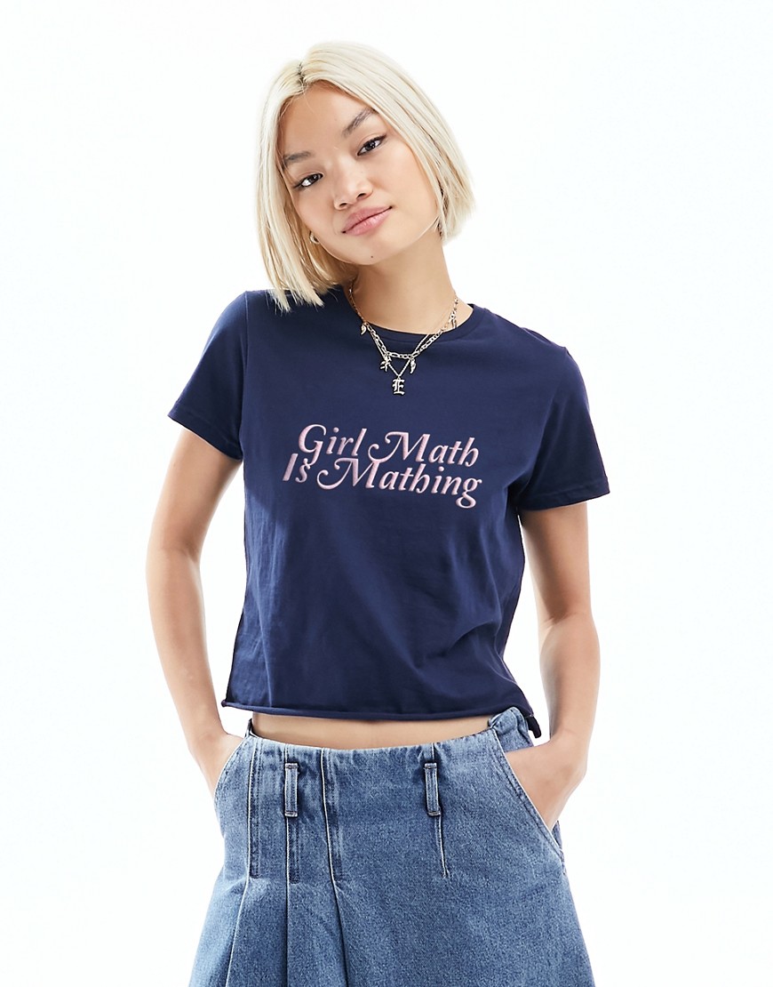 ASOS DESIGN baby tee with girl math is mathing graphic in navy
