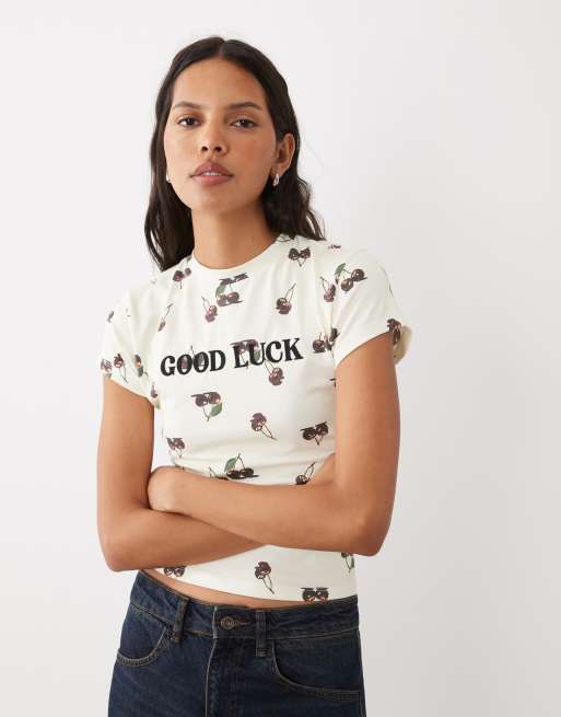 ASOS DESIGN baby tee with good luck slogan and cherry print , 3 of 4