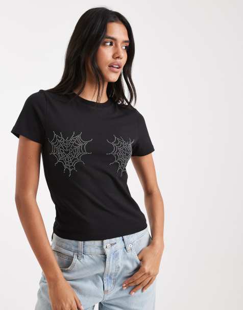 ASOS DESIGN Baby tee with hotfix cobweb in black - view 1
