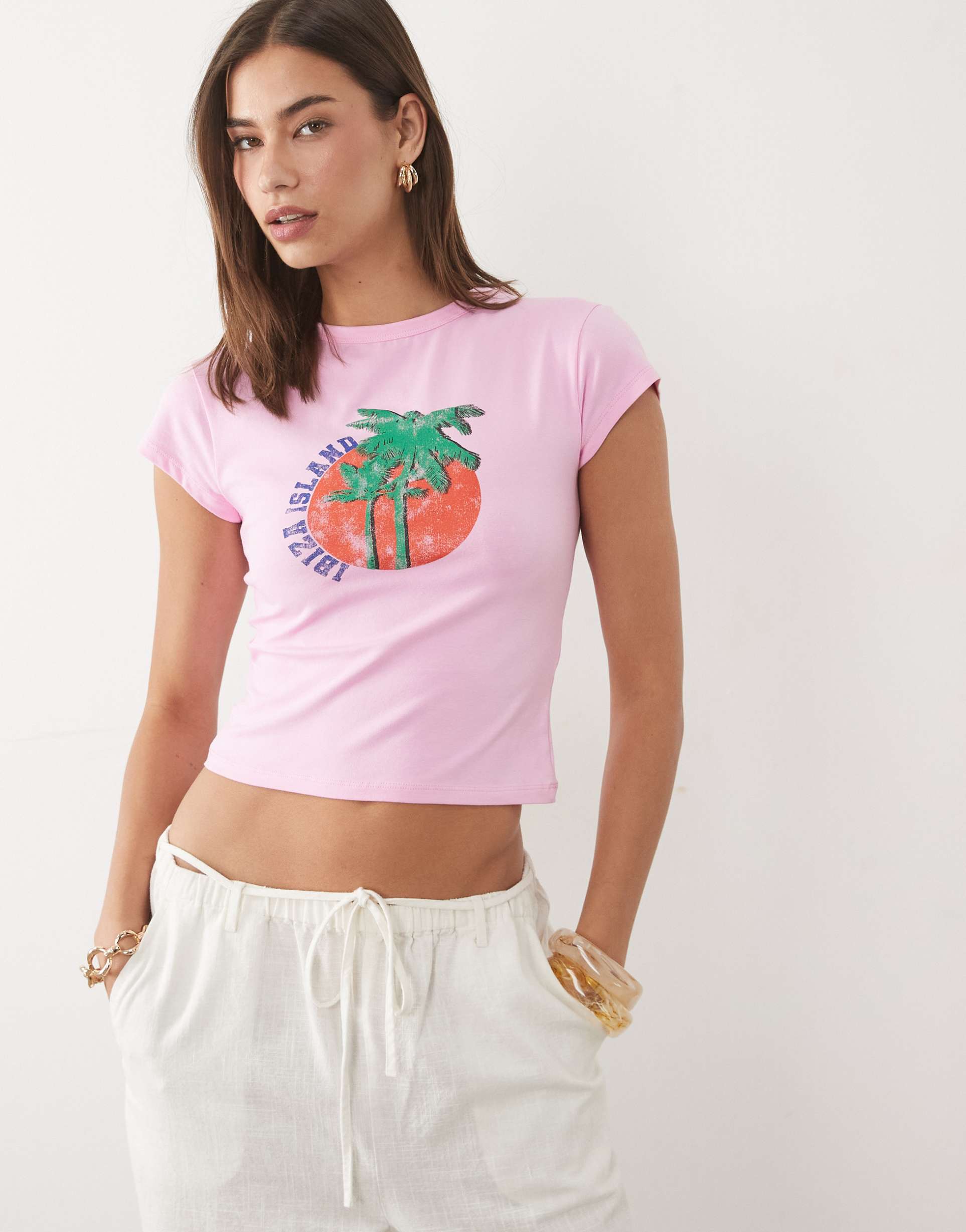 asos design baby tee with ibiza island graphic in baby pink