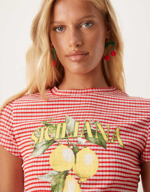 ASOS DESIGN baby tee with lemon graphic in red gingham - part of a set