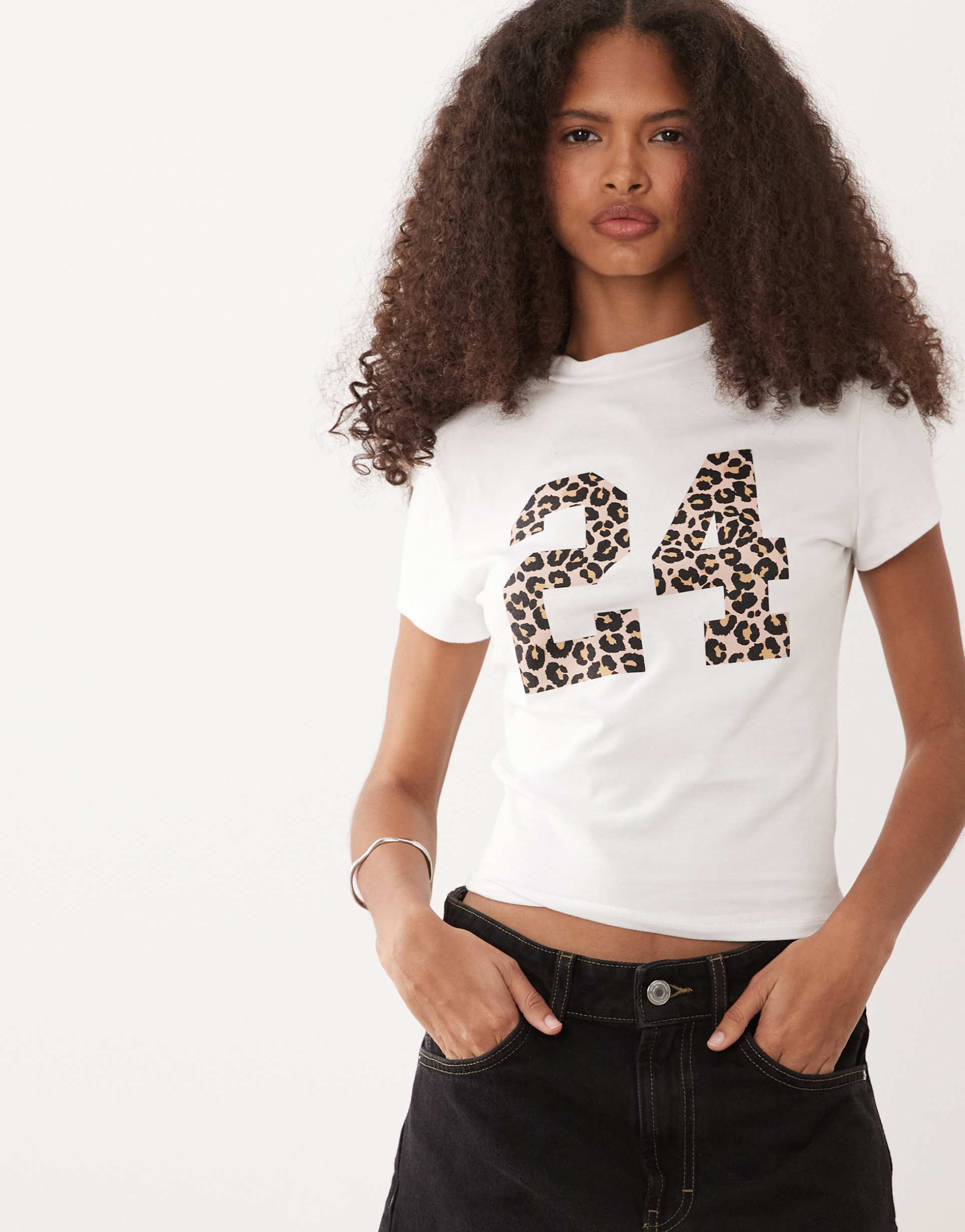 asos design baby tee with leopard number graphic in white