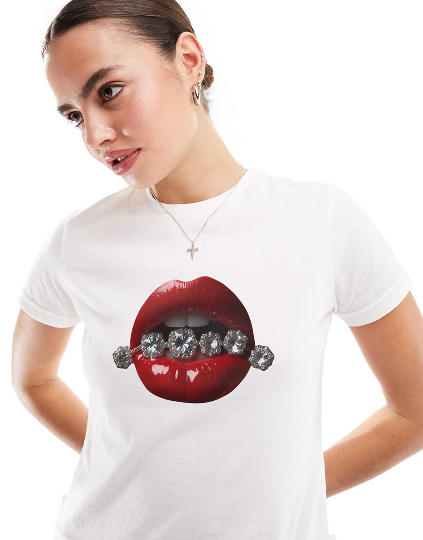 ASOS DESIGN baby tee with lips and jewels graphic in white