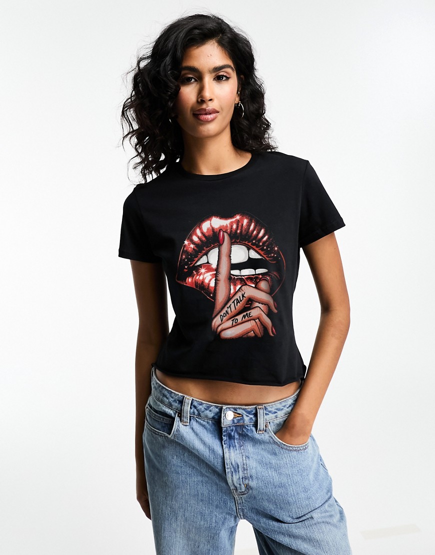 ASOS DESIGN baby tee with lips slogan graphic in black