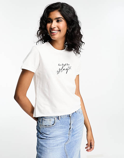 ASOS DESIGN baby tee with live laugh love slay graphic in white | ASOS