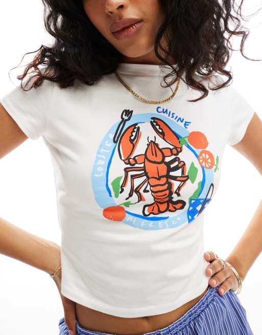 ASOS DESIGN baby tee with lobster graphic in white, 2 of 4