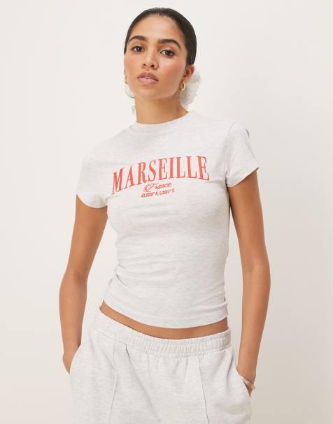 ASOS DESIGN baby tee with Marseille embroidered graphic in ice marl - view 1
