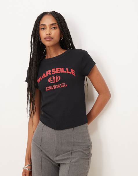ASOS DESIGN baby tee with Marseille flock graphic in black - view 1