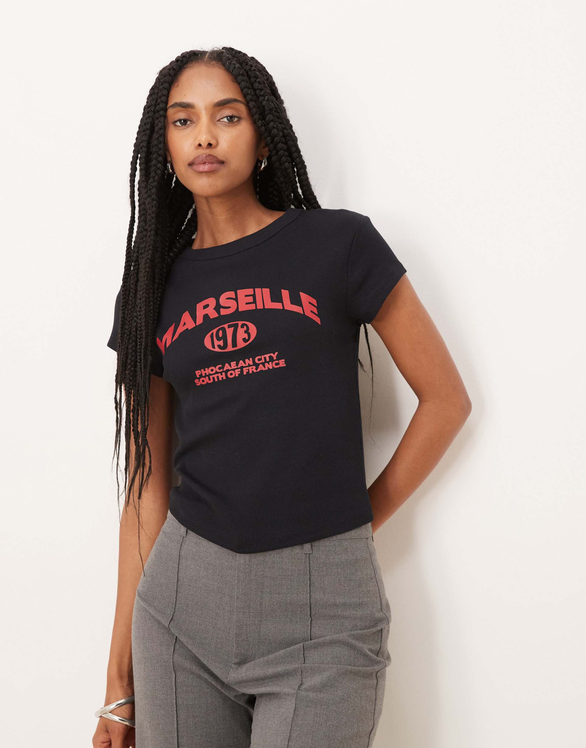 asos design baby tee with marseille flock graphic in black