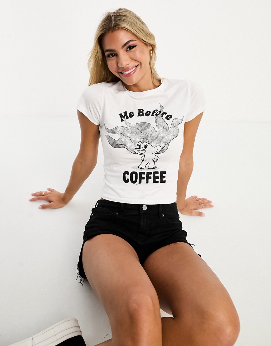 ASOS DESIGN baby tee with me before coffee glitter trolls license graphic in white