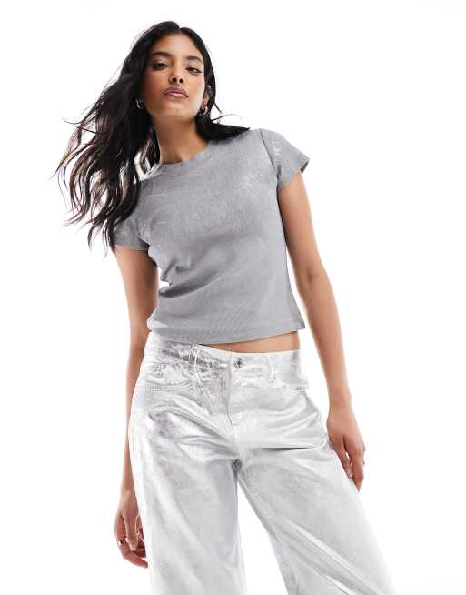 ASOS DESIGN baby tee with metallic texture in silver