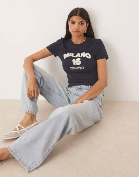 ASOS DESIGN baby tee with milano chenille graphic in navy - view 1