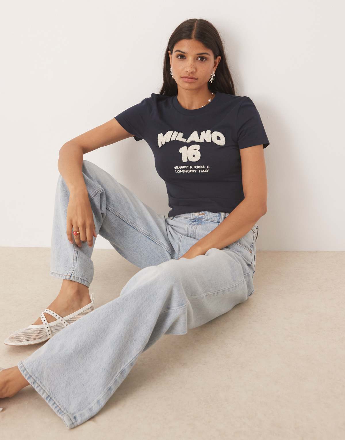 ASOS DESIGN baby tee with milano chenille graphic in navy