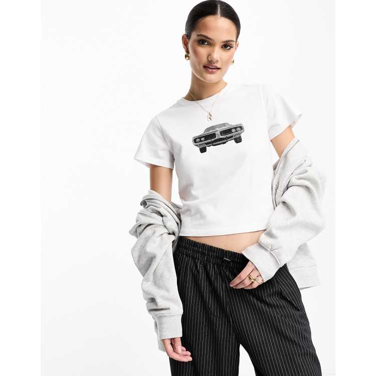 ASOS DESIGN baby tee with mono vintage car graphic in white