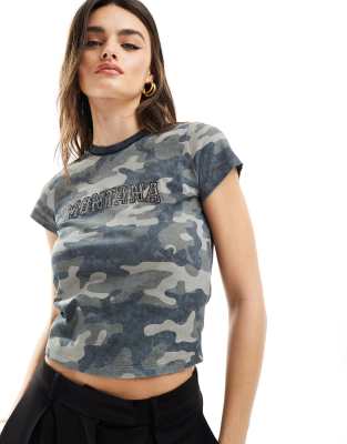 Asos Design Baby Tee With Montana Graphic In Washed Camo Print-multi