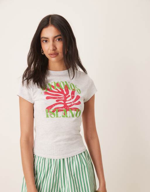 ASOS DESIGN baby tee with mykonos coral graphic in ice marl, 2 of 4