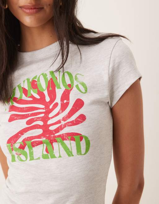 ASOS DESIGN baby tee with mykonos coral graphic in ice marl, 3 of 4