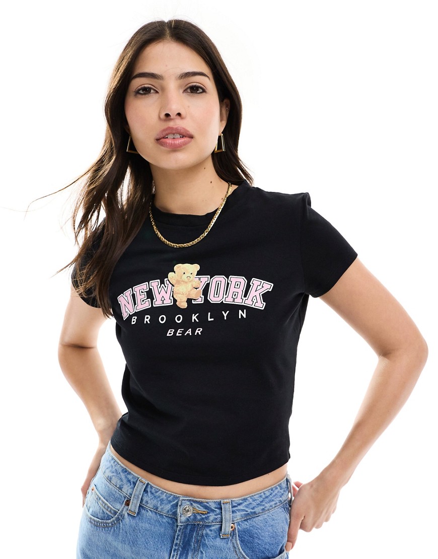 ASOS DESIGN baby tee with new york brooklyn bear graphic in black