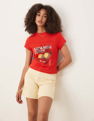 Asos Design Baby Tee With Oranges Applique In Red