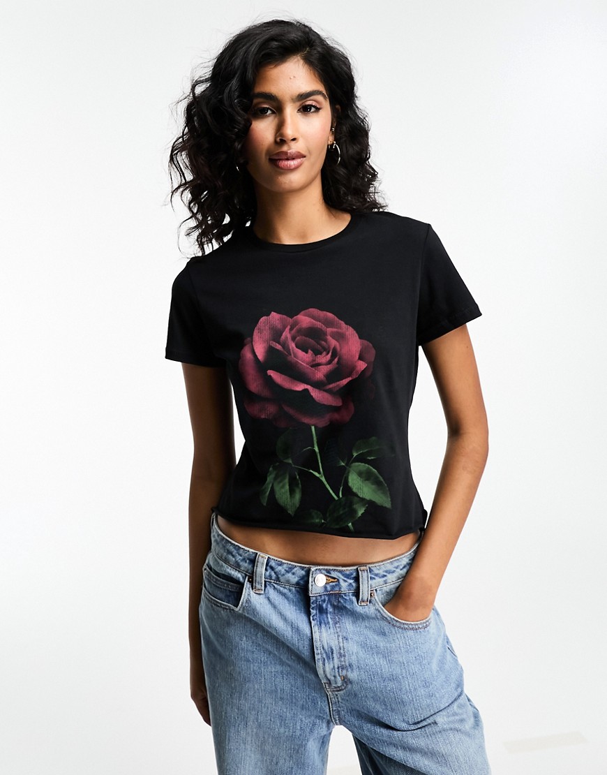 ASOS DESIGN baby tee with oversized rose graphic in black
